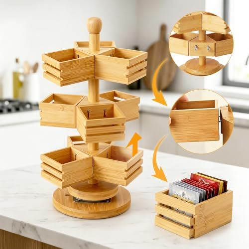 3-Tier Rotating Bamboo Tea Bag Organizer Carousel, Holds 108 Tea Bags - Image 4