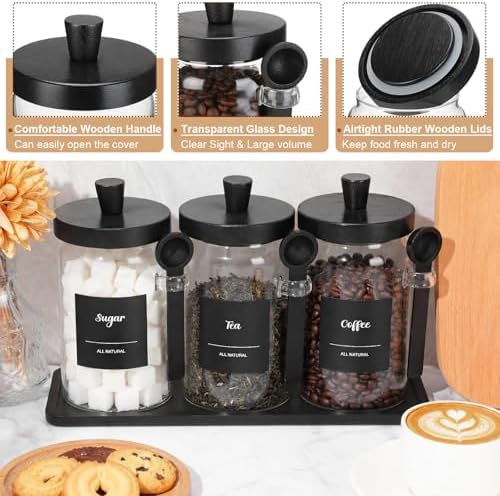 Suclain 3 Pcs Glass Coffee Container Set, 25 oz, Black Bamboo - Image 3