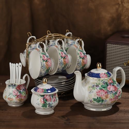 fanquare 21-Piece Blue Lace Porcelain Tea Set, China Coffee Cup and Saucer Set for 6, Pink Flower Tea Sets for Adults Women - Image 7