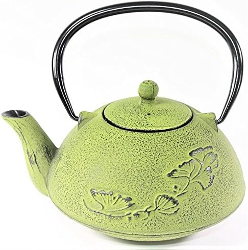 Japanese Antique 24 fl oz Green Ginkgo Leaf Cast Iron Teapot Tetsubin with Infuser - Image 2