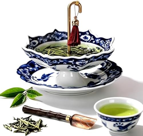 Umbrella Tea Infuser, Ceramic Tea Infuser Umbrella Shape, Blue White Porcelain Loose Leaf Tea Strainer with Base, Traditional Oriental Kung Fu Tea Diffuser (Celadon Set, 1PC) by DENGWANG
