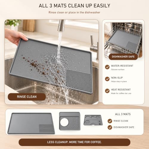 angelle 3-Piece Silicone Coffee Mat Set Compatible with Breville Barista Express BES870 BES875 and Touch BES880, 24 x 16 in Espresso Machine Base, Top Protector and Tamping Pad, Gray - Image 6