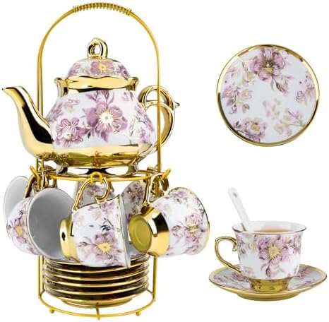 20 Pcs Porcelain Tea Set With Metal Holder,for 6 People,15 oz Teapot by YCWF