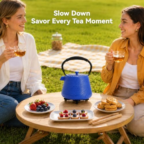 Cast Iron Teapot 34 oz (1000 ml) with Infuser, Water Wave Design, Blue - Image 4