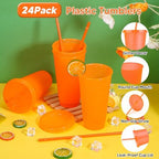 24 Pack Plastic Tumblers with Lids and Straws, Reusable Colorful Cups for Parties, Birthdays, Iced Coffee, Travel, Cold Drink Bulk Tumblers (24 oz, Orange) - Image 3