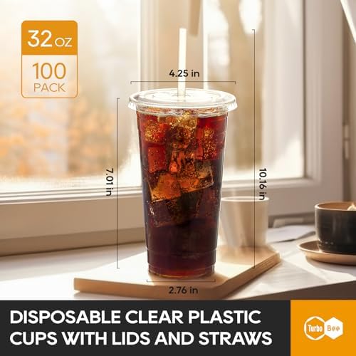 Turbo Bee 100 Sets 32 OZ Clear Plastic Cups with Lids and Straws, Disposable To Go Iced coffee cups with lids for Cold Drinks, Smoothie, and Slushie - Image 2
