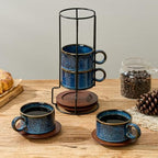 LUKA 6 Ounce Porcelain Stackable Espresso Cups with Saucers and Metal Stand Set of 4, Ceramic Cappuccino Cups Set for Specialty Coffee Drinks, Latte, Cafe Mocha and Tea, Reactive Blue - Image 6