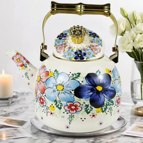 Vintage Tea Kettle Enamel Blue Floral Stovetop Teapot 2.5L Kitchen Decor - Image 3