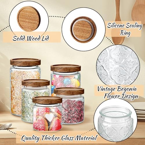 Gerrii Clear 5 Pcs Vintage Glass Food Storage Containers 17/24/34 oz Glass Jar with Lid Airtight Candy Food Canisters for Kitchen Counter Pantry Coffee Beans (Begonia,Sunflower,Window Grilles Round) - Image 3