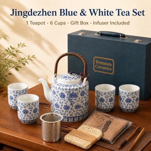 Blue and White Porcelain Tea Set, 9-Piece Ceramic Tea Set with Teapot, Infuser, 6 Tea Cups and Tea Tray, Chinese Gongfu Tea Set for Home, Office and Tea Parties - Image 4