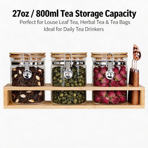 Airtight Glass Tea Containers with Bamboo Lids & Spoons (27oz) - Ultimate Storage Canisters for Loose Leaf Tea to Preserve Freshness & Flavor - Elegant Tea Caddy Jars for Kitchen & Pantry - Set of 3 - Image 4
