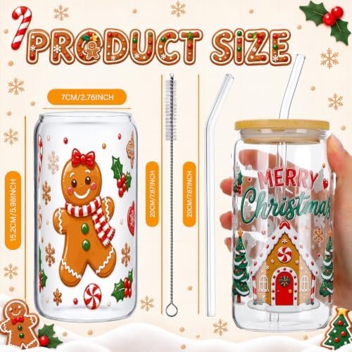 Vesici 6 Pcs Christmas Glasses with Lid Straw and Stopper, Gingerbread Man - Image 3
