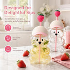 Glass Bear Cup with Straw, Pink Cap Lid & Strawberry Topper,20 oz - Image 3