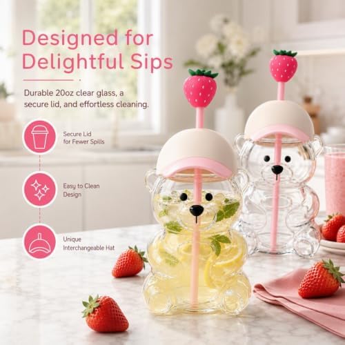 Glass Bear Cup with Straw, Pink Cap Lid & Strawberry Topper,20 oz - Image 3