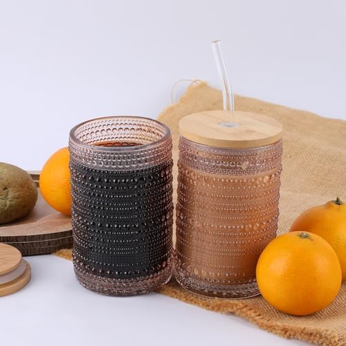 Vintage Drinking Glasses Set of 4 with Bamboo Lids, Textured Clear Striped Ribbed Glassware Set Cocktail Set Beaded Glass Cups Old Fashion Embossed Iced Coffee Cup for Beer, Beverage(16 oz), Rose Gold - Image 4