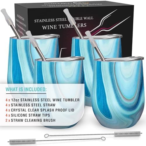 CHILLOUT LIFE 12 oz Stainless Steel Wine Tumblers 4 Pack - Double Wall Vacuum Insulated Wine Glasses Cups with Lids and Straws Set Keeping Cold & Hot for Coffee, Beer, Ice Cream - Ocean Marble Pattern - Image 4