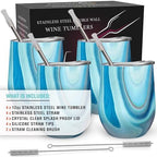 CHILLOUT LIFE 12 oz Stainless Steel Wine Tumblers 4 Pack - Double Wall Vacuum Insulated Wine Glasses Cups with Lids and Straws Set Keeping Cold & Hot for Coffee, Beer, Ice Cream - Ocean Marble Pattern - Image 4