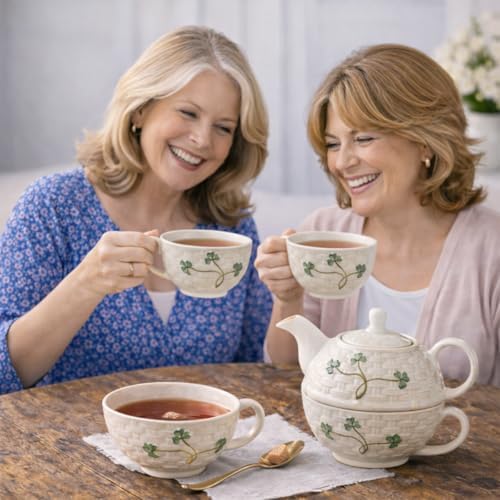 Belleek Classic Shamrock Tea for One Set, Handcrafted Teapot and Cup, Parian China Ceramic Tea Set, Microwave Safe, White - Image 5