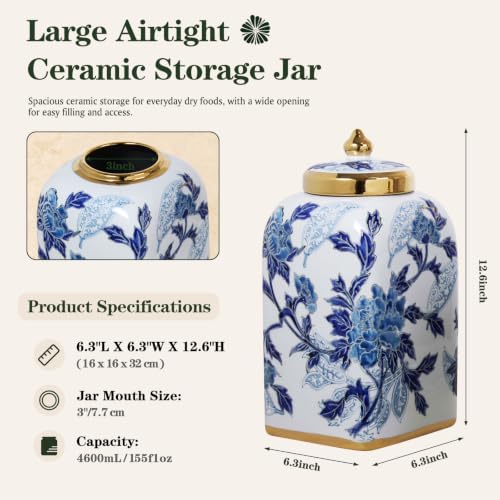 12.5" H Ceramic Kitchen Canisters for Countertop, Tea & Coffee Bean Storage Canister with Airtight Lid, Blue and White Chinoiserie Decor Ginger Jar for Home Decor, 155 fl oz - Blue Peony - Image 2