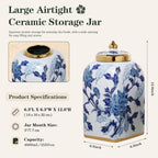 12.5" H Ceramic Kitchen Canisters for Countertop, Tea & Coffee Bean Storage Canister with Airtight Lid, Blue and White Chinoiserie Decor Ginger Jar for Home Decor, 155 fl oz - Blue Peony - Image 2