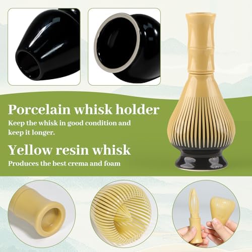 4 Piece Matcha Japanese Ceremony Set, Resin Matcha Whisk, Bamboo Spoon, Bamboo Scoop, Whisk Stand, Perfect Set for Preparing, Yellow-Black - Image 5