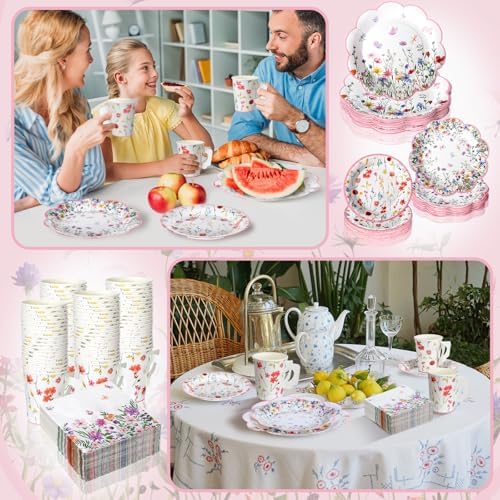 Pickmesh 252 Pcs Floral Tea Party Supplies for 36 Guests Wildflower Paper Disposable Dinnerware Floral Teacups with Handle and Saucers Sets for Tea Party Decorations Birthday Baby Shower Wedding - Image 5