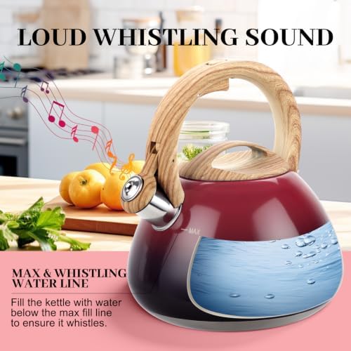 MARSKITOP Stovetop Whistling Tea Kettle, Stainless Steel, 2.6 Quart, Red - Image 4