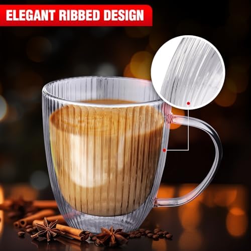 Jayour Fluted Double-Wall Glass Coffee Mugs | 15oz Latte & Cappuccino Mugs | Modern Ribbed Design - Set of 4 - Image 2