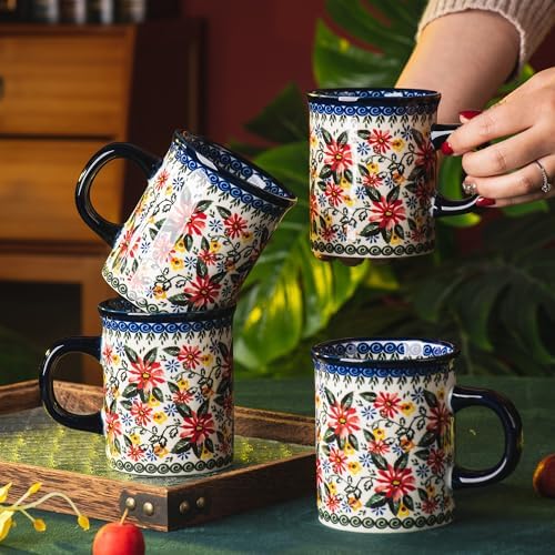 Ceramic Latte Mug Set of 4, 15.5oz Hand Painted Porcelain Coffee Cups With Handle for Tea/Milk/Cocoa - Modern Retro Design For Any Kitchen. Microwave and Dishwash Safe (Exotic Daisy) - Image 3