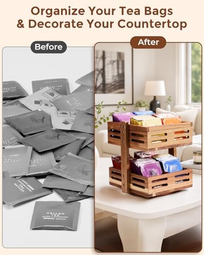 Acacia Wood Tea Bag Organizer, 360° Rotating 2-Tier Storage Holder with 8 Compartments, Holds 80+ Tea Bags for Kitchen Countertop, Tea Station, Home Decor - Image 6