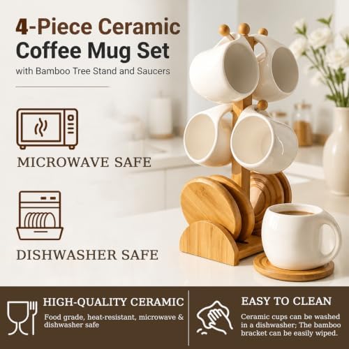 Espresso Cups Set of 4, 8.45 oz Ceramic Coffee Cups with Saucers & Wooden Stand, Microwave & Dishwasher Safe Cappuccino Tea Cups, Coffee Accessories for Espresso Machine - Image 4