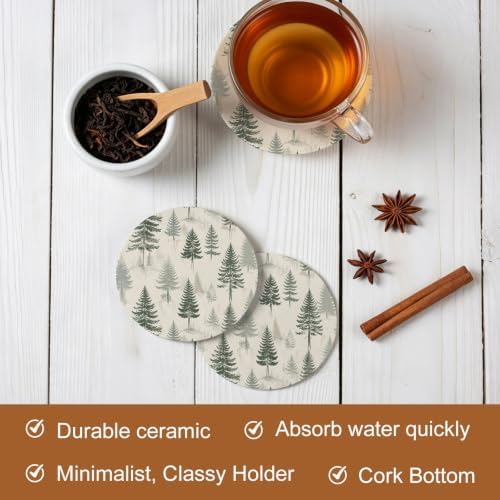 Christmas Tree Absorbent Ceramic Coasters Set of 4 with Holder, Xmas Pine Trees Winter Rustic Forest Vintage 4" Round Drink Coasters with Cork Base, Coffee Mugs Mats for Housewarming Gift/Bar/Party - Image 6