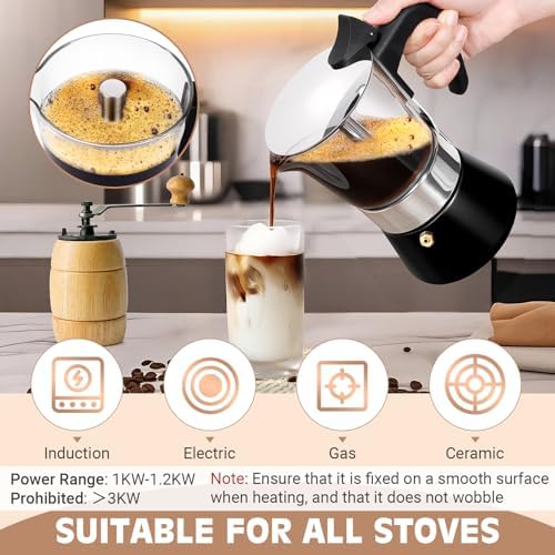 6 Cup 300ml Glass Moka Pot, Stovetop Espresso Maker, Black - Image 4