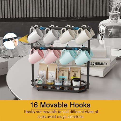 Coffee Mug Holder with Movable Hooks,16 Capacity Coffee Cup Holder for Countertop, Metal Mug Tree Holder Rack with Storage Base,Home Storage Mug Organizer adjustable Heights (Black) - Image 3