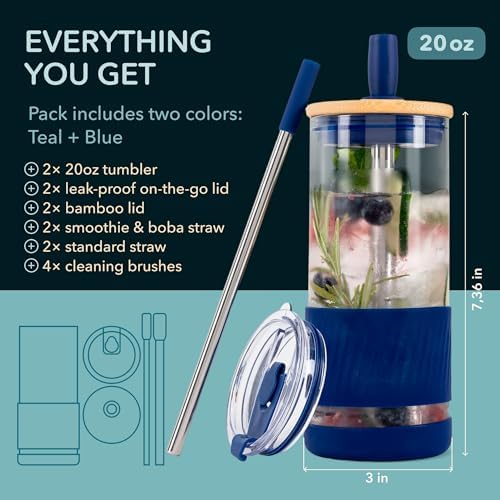 Pandaloo® Glass Cups With Lids and Straws -20 Fl Oz- Perfect Size Iced Coffee Cup - Smoothie Cup With Bamboo Lid and On the go Lid - Glass Tumbler (2 Count (Pack of 1), Intense Teal-Galactic Blue) - Image 2