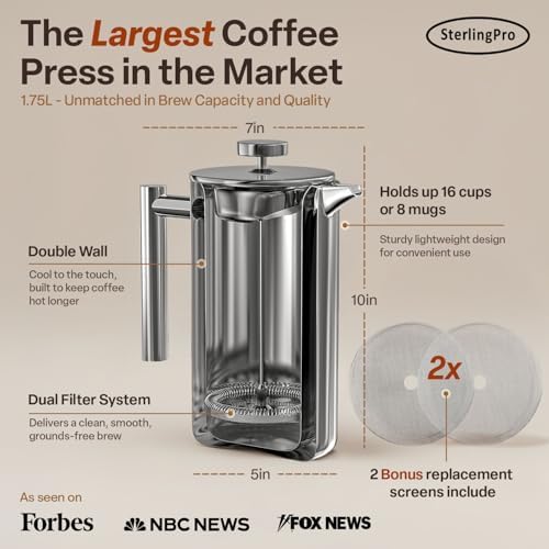 SterlingPro 1.75 L 59 oz Mirror Extra Large French Press Coffee Maker and 2 Pack Replacement Screens Bundle Stainless Steel Double Wall Insulated for Tea and Coffee - Image 4