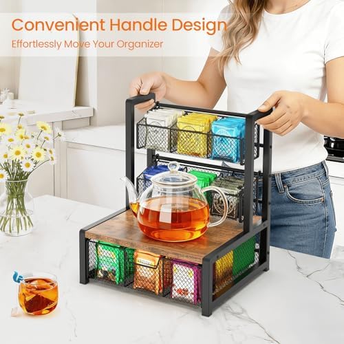 Homode Tea Bag Organizer, 3 Tier Tea Storage Box, Rustic Brown - Image 6