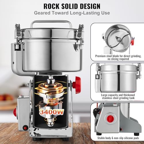 VEVOR 2000g Electric Grain Mill Grinder, High Speed 3400W Commercial Spice Grinders, Stainless Steel Pulverizer Powder Machine, for Dry Grains Spices Cereals Coffee Corn Pepper, Swing Type - Image 3