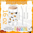 12 Pcs Halloween Glass Cups with Bamboo Lid Straw 16 Oz,White - Image 2