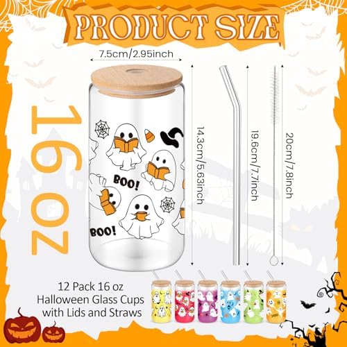 12 Pcs Halloween Glass Cups with Bamboo Lid Straw 16 Oz,White - Image 2