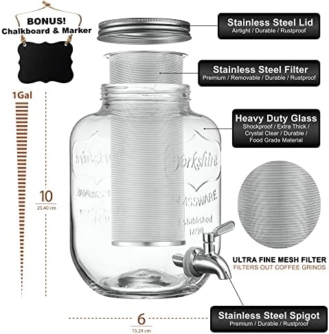 1 Gallon Cold Brew Coffee Maker - 3rd Generation Fine Mesh Filter - Stainless Steel Spigot - Extra Thick Large Glass Mason Jar Drink Dispenser Carafe, Iced Coffee Maker & Sun Tea Pitcher with Infuser. - Image 4