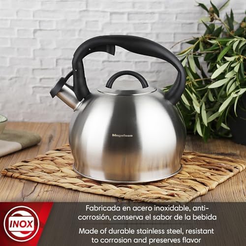 Magefesa Silver 3.1-Quart Stainless Steel Whistling Tea Kettle, Satin-Polished Exterior, Drip-Free Pouring System, Suitable for All Stovetops Including Induction, Removable Lid, Teapot - Image 2