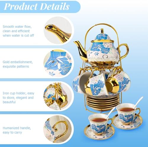 ALIMOTA 20 Pcs Porcelain Tea Set with Metal Holder and Spoon, European Ceramic Tea Set for Adults, European Flower Painting Teapot Cup Saucer Spoon Set for 6, Gift Pack (Blue and Pink) - Image 7