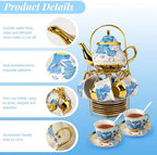 ALIMOTA 20 Pcs Porcelain Tea Set with Metal Holder and Spoon, European Ceramic Tea Set for Adults, European Flower Painting Teapot Cup Saucer Spoon Set for 6, Gift Pack (Blue and Pink) - Image 7