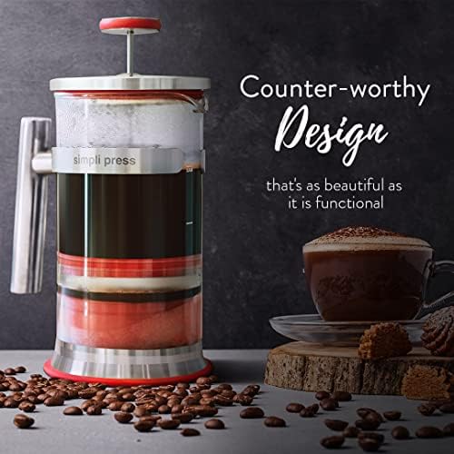Simpli Press French Press Coffee & Tea Maker - Easy Cleanup & Customizable Smooth Coffee - Patented - Plastic-Free Premium Stainless Steel 34 oz - Red Color - Image 2