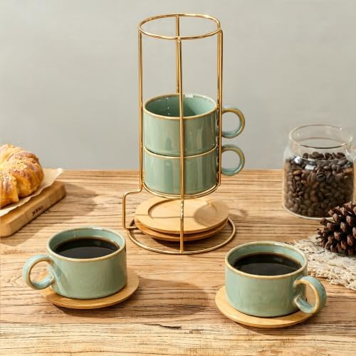 LUKA 6 Ounce Porcelain Stackable Espresso Cups with Saucers and Metal Stand Set of 4, Ceramic Cappuccino Cups Set for Specialty Coffee Drinks, Latte, Cafe Mocha and Tea, Wild Sage Earth - Image 6