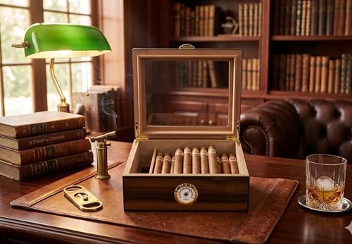 Cigar Humidor - Holds 25-50 Cigars - Spanish Cedar Wood - Tempered Glass Top Display - Metal Handle, Divider, Humidifier, Hygrometer - Santos Rosewood - Image 2