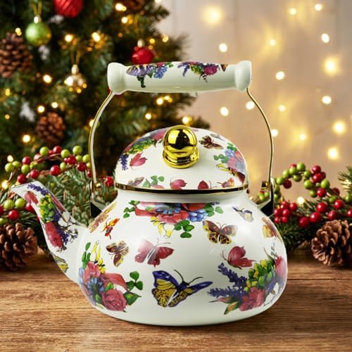 Enamel Tea Kettle 2.6 Quart, Vintage Butterfly Floral Stovetop Teapot - Image 6