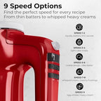 Electric Hand Mixer 350W, 9 Speed Handheld Mixer with Timer, Beaters, Whisks & Dough Hooks, Storage Case, Kitchen Mixer for Baking, Eggs, Cream, Cookie Dough & Frosting, Red - Image 3