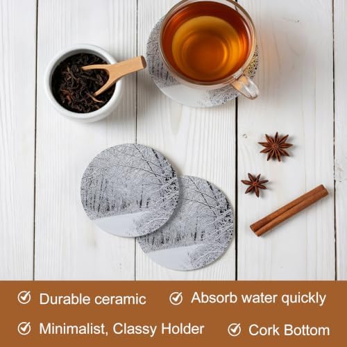Winter Snow-Covered Trees Coasters for Drinks, Set of 8 Natural Landscape Snow Path Absorbent Ceramic Coaster with Cork Base Decor for Wooden Table & Bar, Housewarming Gift Home Decor - Image 2